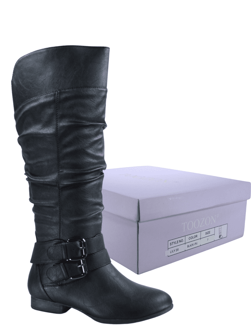 Toozon Women's Black Faux Leather Knee High Riding Boots, Zipper