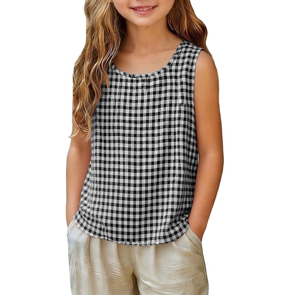 Maean Girl's Cotton Linen Tank Top Plaid Crew Neck Sleeveless Shirts Summer Lightweight Breathable Beach Clothes