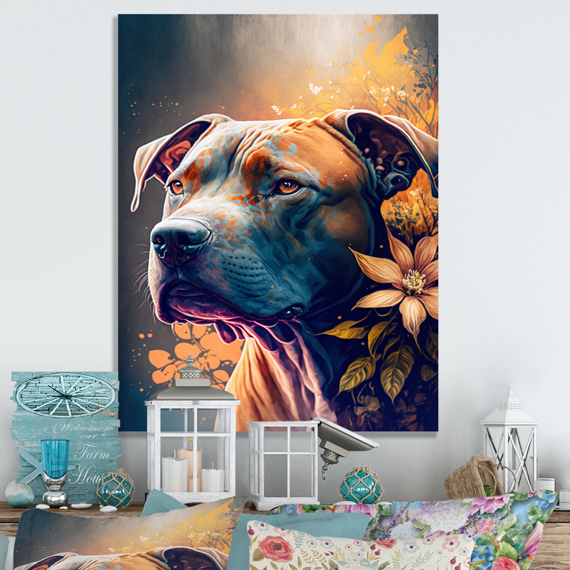 Designart Cute Pitbul Floral Art II Canvas Wall Art