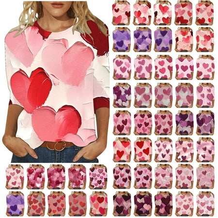 Feancey Womens Heart Print Top Dressy Casual 3/4 Sleeve Crewneck T-Shirts Soft Cute Valentines Day Shirts for Teen Girls Spring Summer Loose Work Blouse Multicolor L