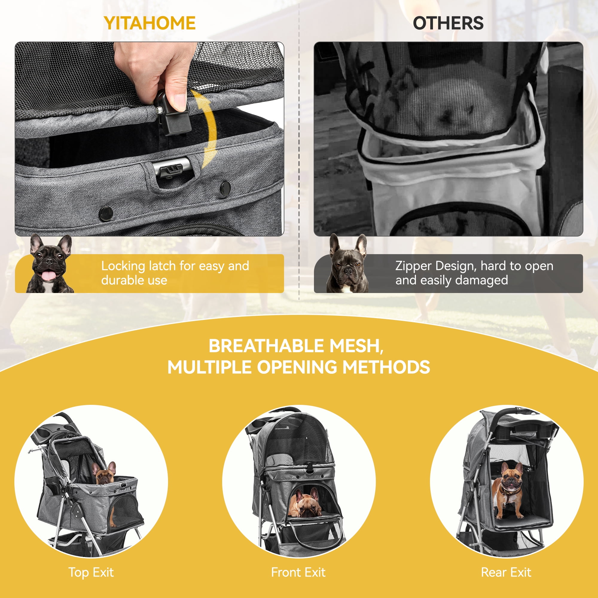 Dextrus 4-Wheel Foldable Dog Stroller with Storage Basket & 360° Rotating Wheels – Lightweight Pet Stroller for Small to Medium Dogs and Cats, Gray
