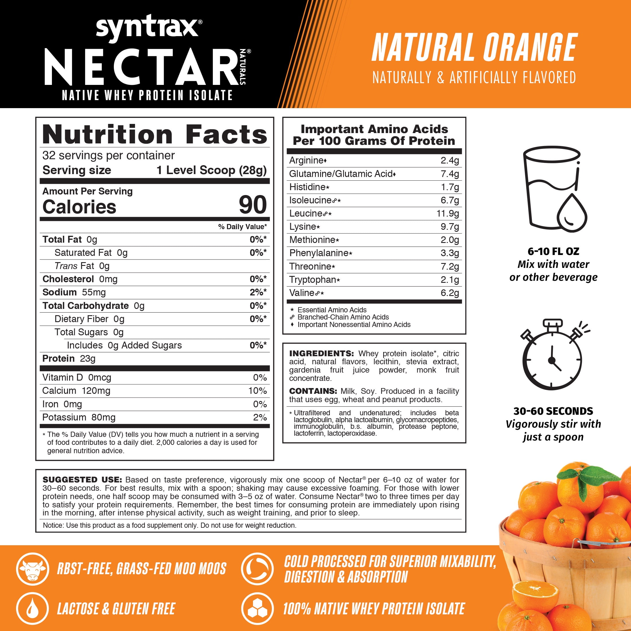 Syntrax Nectar Naturals, Natural Orange, 2 lbs. Native Whey Protein Isolate, Refreshing Fruit Juice Flavor