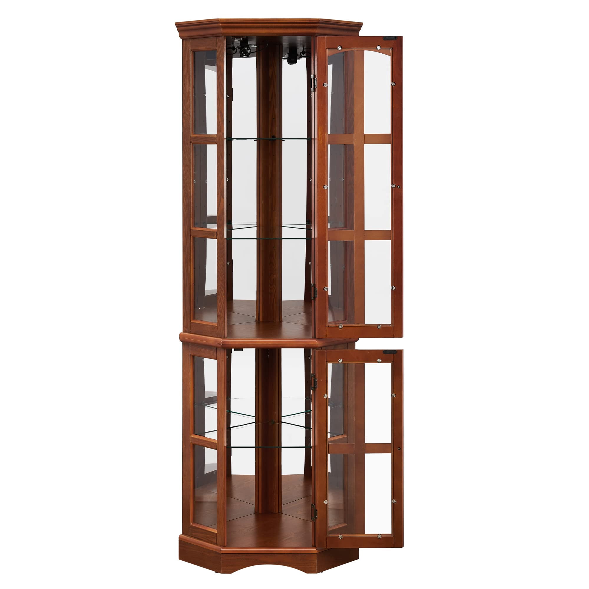 Miniyam 5 Shelf Corner Curio Display Cabinet with Lights,China Display Cabinet with Glass Doors,Lighted Display Cabinet,Oak(E26 light bulb not included)