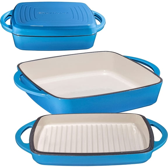 Bruntmor 2-in-1 Enamel Cast Iron Dutch Oven & Skillet Set, Duke Blue, With Lid