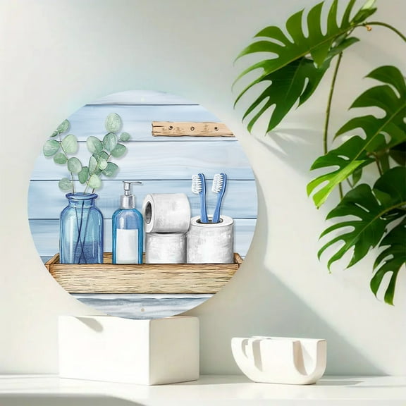 Round 8x8 Inch Blue Bathroom Picture Rustic Farmhouse Retro Aluminum Wall Art Decor for Home, Porch, and Window Rustic Sign for Home Wall Living Room Bedroom