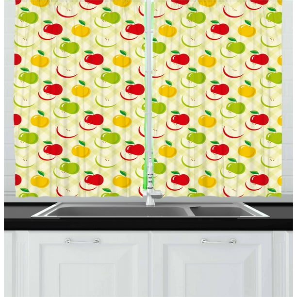 Apple Curtains 2 Panels Set, Diagonal Checkered Pattern with Apples and