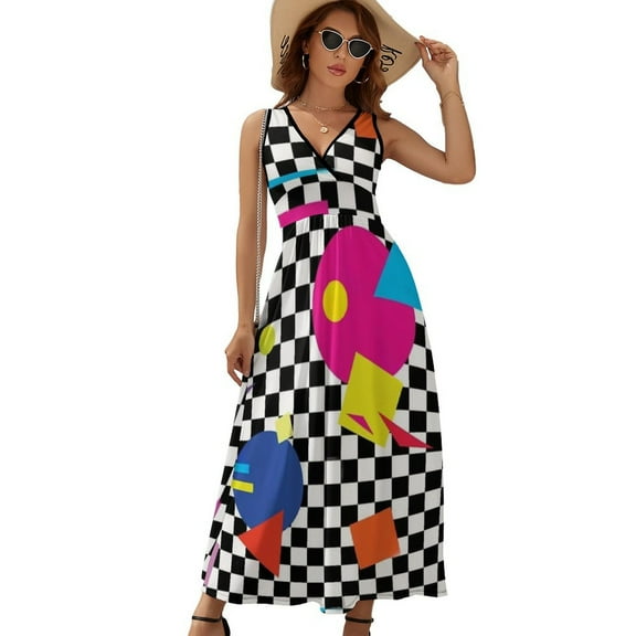 Retro Classic 1980s Shapes On Black And White Check Womens Night Club Maxi Dress V Neck Sleeveless Bohemia Long Dresses