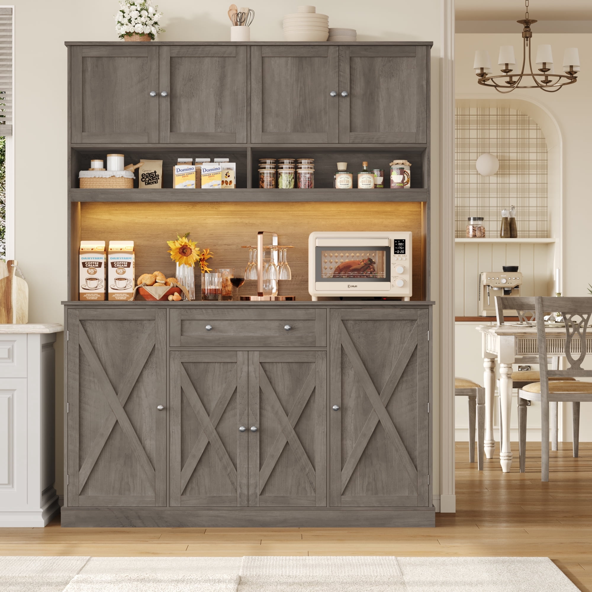 Homfa 72.8'' Tall Kitchen Pantry Cabinet with LED Lights & Charging Station, 8 Doors Storage Cabinet with Drawers & Shelves & Countertop, Kitchen Hutch with Adjustable Shelves for Dining Room, Gray