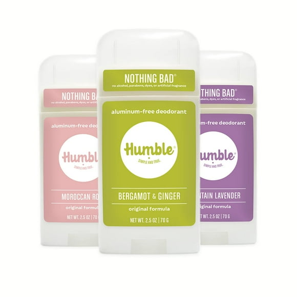 Humble Brands Desodorante en barra sin aluminio Sutil y cítricos Bergamota Jengibre Lavanda de montaña Rosa marroquí Paquete de 3