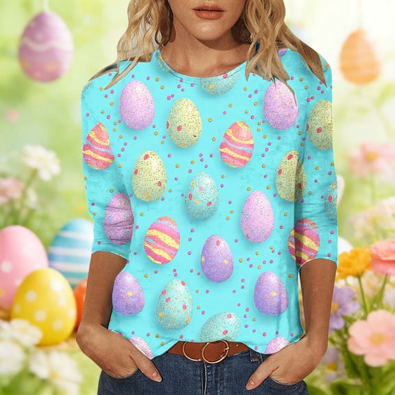 Royisotas Plus Size Happy Easter Shirt for Women Funny Bunny Rabbit T Shirt Easter Holiday Tops 3/4 Sleeve Tees