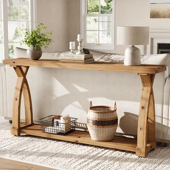 Tribesigns Solid Wood Console Table for Entryway, 63-Inch Narrow Long Sofa Table Behind Couch with 2-Tier Storage Shelf for Living Room, Hallway, Entrance, Foyer