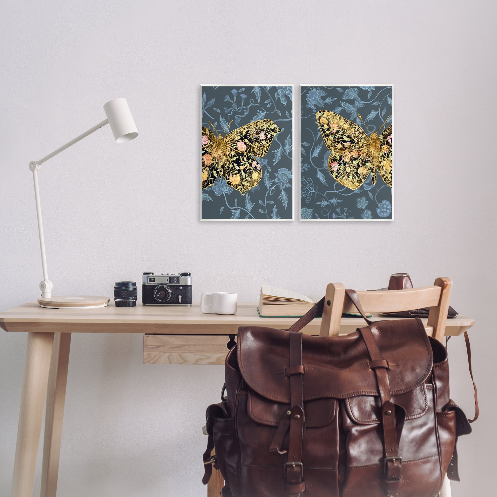 Stupell Industries Gold Winged Black Moth Floral Animals Painting Unframed Art Print Wall Art, 11 x 14, Set of 2