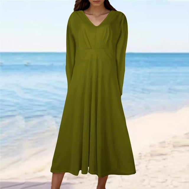 Offres de Liquidation d'Hiver! Robes de Bal pour Femmes 2024, Robe à Manches Courtes Col en V Mode Imprimée Taille Haute Mi-Mollet Col en V Vert Armée m