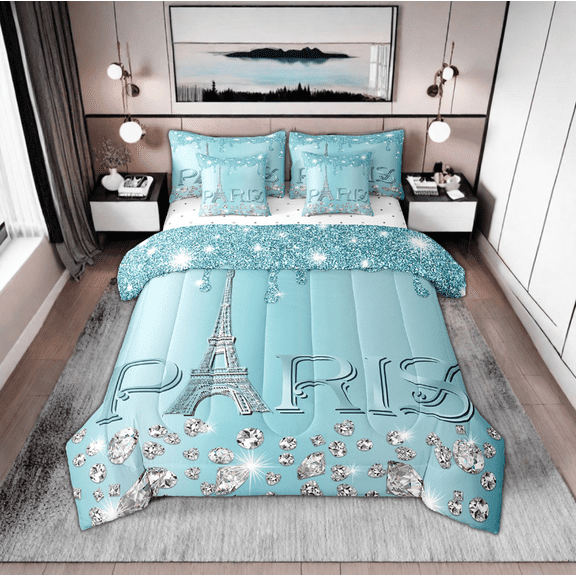 YST Paris Comforter Sets Full Bed in A Bag,Girly Glitter Eiffel Tower Bedding for Valentine's Day Gift,(Not Real)Diamond Quilted,Sparkles Sequins Reversible Bed Sets with Sheet Set