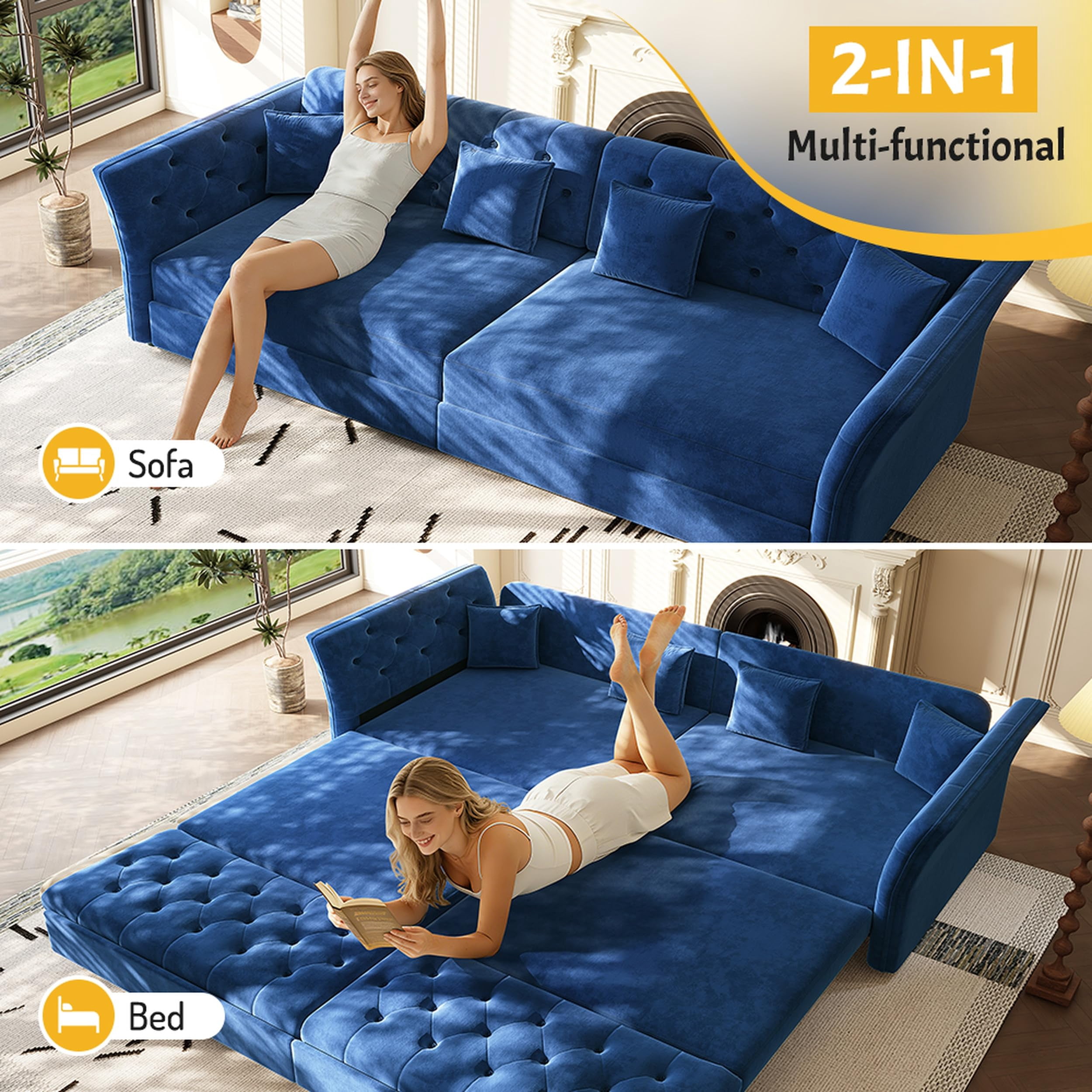100" Oversize Velvet Sofa Bed, Blue Pull-Out Sleeper Loveseat with Handmade Flower Tufted Design, Convertible Sofa for Living Room, Bedroom, Apartment