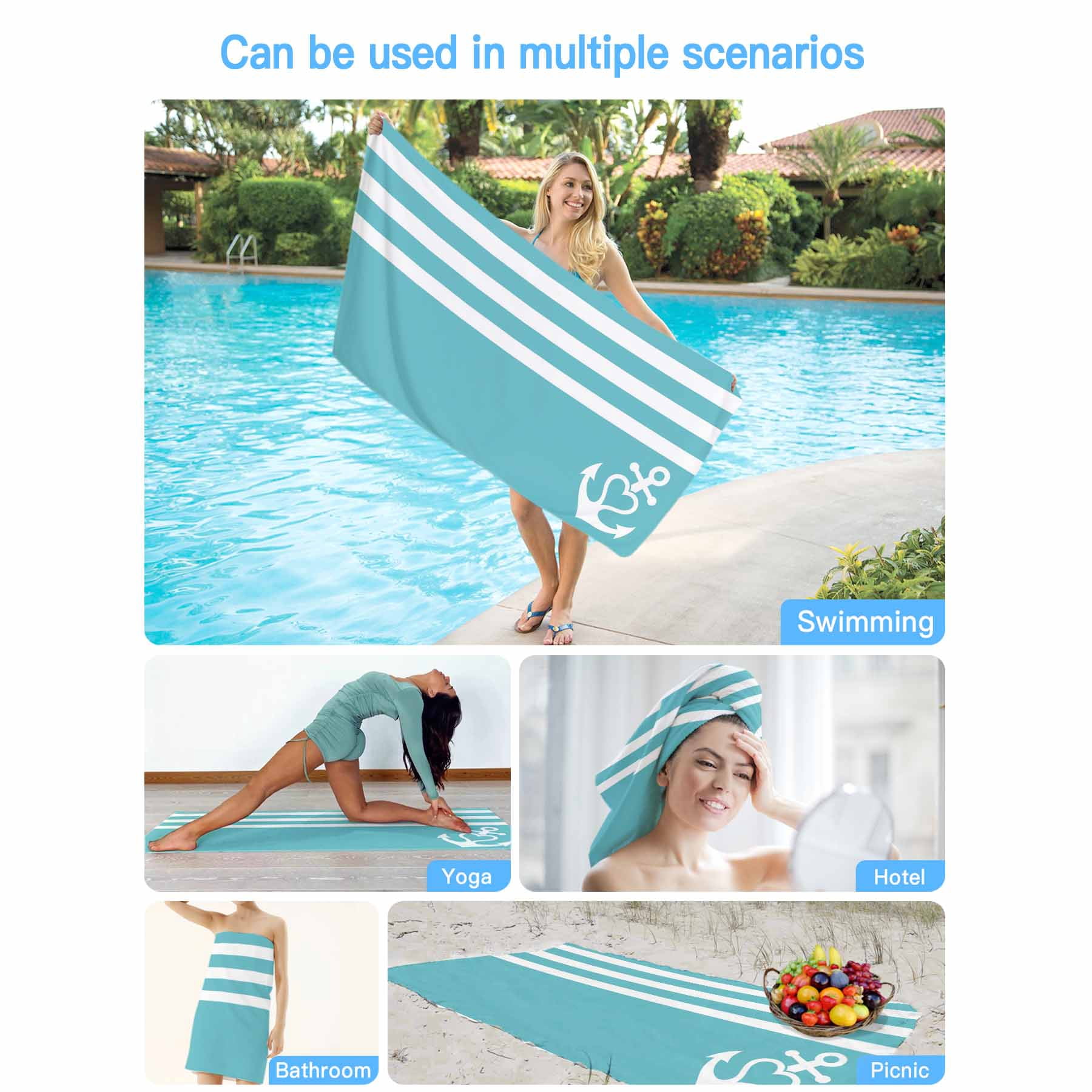 Beach Towel Nautical Anchor Bath Pool Towels Geometric Teal Blue Stripes Absorbent Beach Towel Soft Large Quick Dry Lightweight Camping Travel Sports Yoga Gym Swim Towels for Adult 35x70 Inch