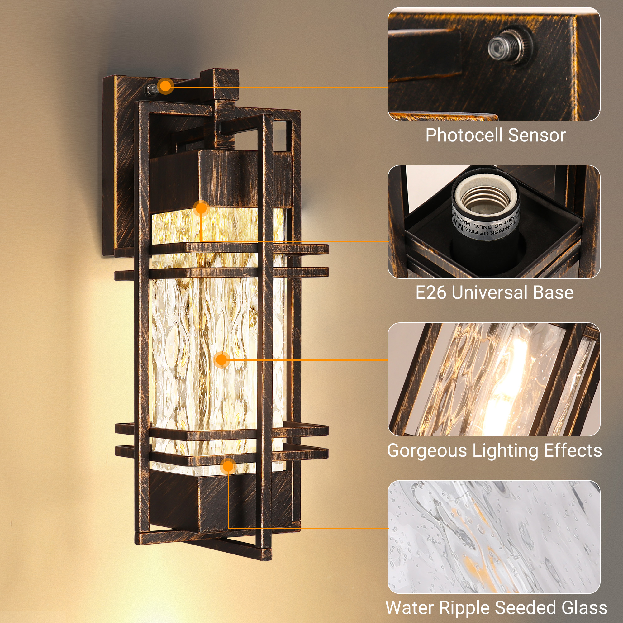 15”Dusk to Dawn Outdoor Wall Light Set of 2，Waterproof Porch Light (Bulb Included)
