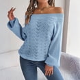 thumbnail image 2 of Women's Off The Shoulder Sweater Crochet Knit Long Sleeve Loose Pullover (Blue, L), 2 of 5