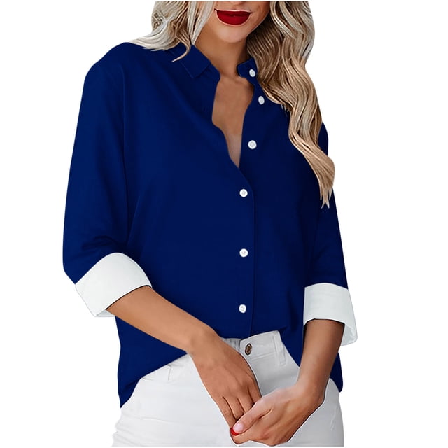 Besolor Button Down Shirts for Women Solid Color Long Sleeve Colared Tops Loose Office Blouses for Casual Work