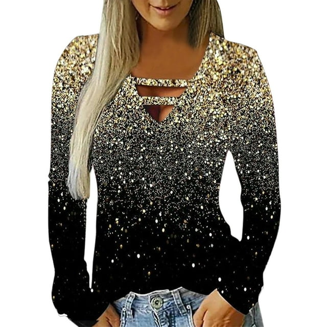 Ketyyh-chn99 T-Shirt pour Femmes Cadeaux pour Femmes Manches Longues Col Rond Tunique Ligne A Blouse Or,L
