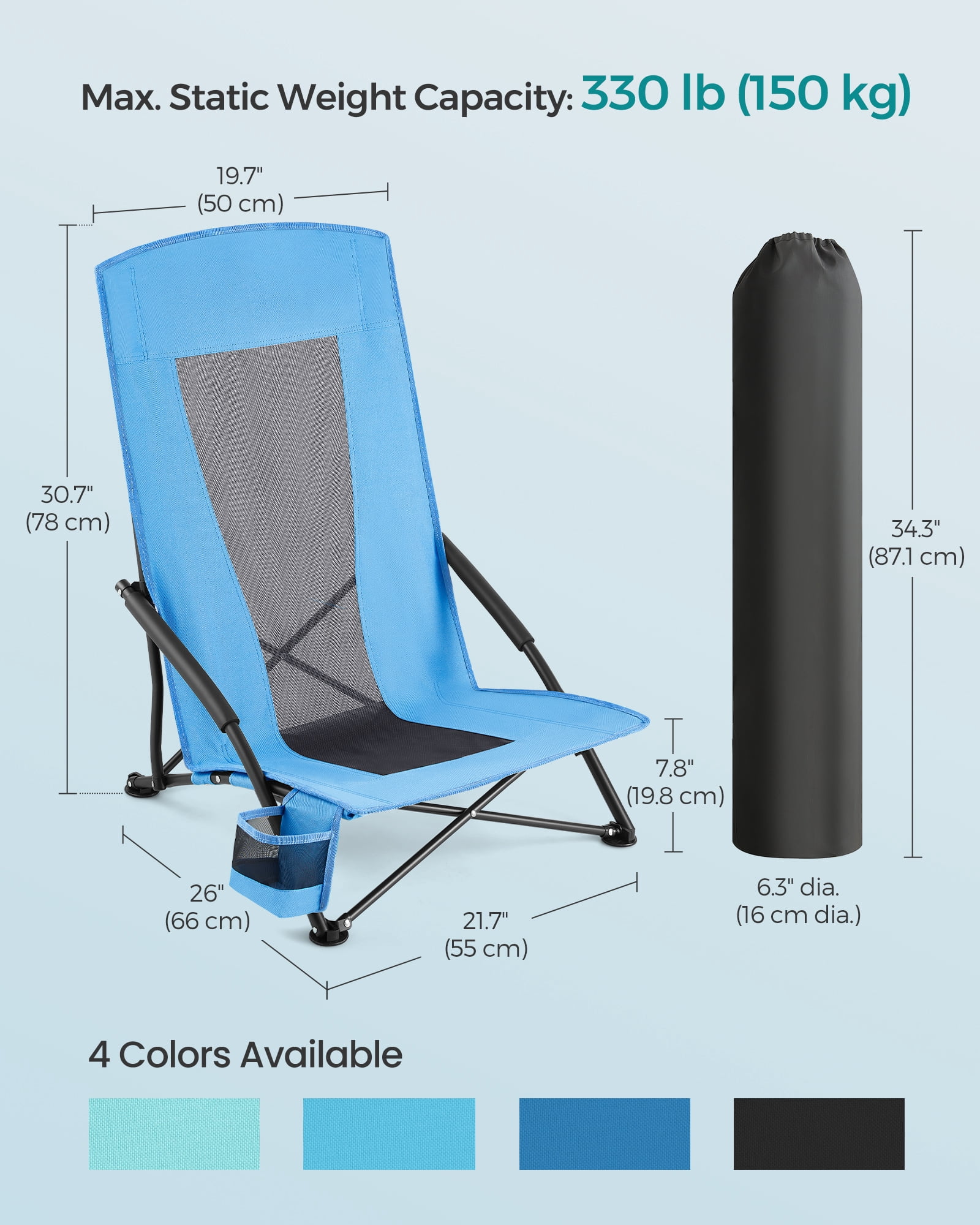 Set of 2 Camping Chairs, Beach Chairs, Portable Outdoor Chairs, with High Backrest, Cup Holder, Lightweight, Heavy-Duty, Max. Load 330 lb per Chair, Light Blue