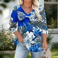 thumbnail image 4 of Plus Size Floral Print Tops for Women Trendy Casual V Neck Graphic Tee Tshirts Loose Fit 3/4 Sleeve Clothes (2XL, Blue), 4 of 6