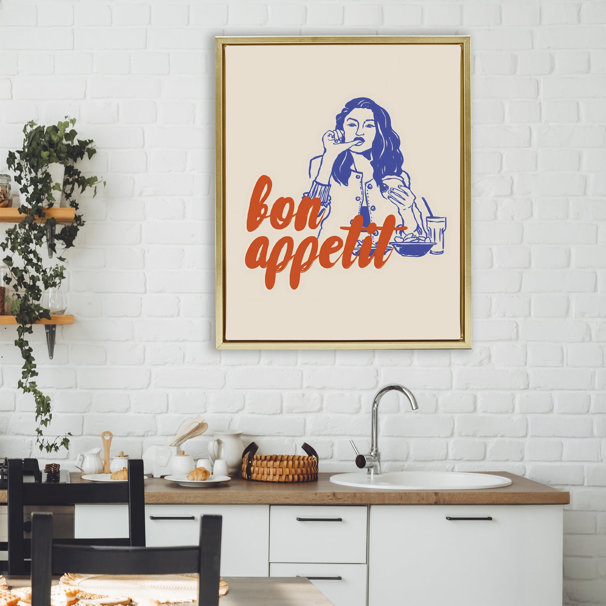 Stupell Industries Bon Appetit Woman Enjoying Meal Gold Framed Floater Canvas Wall Art, design by The Prints Vibe