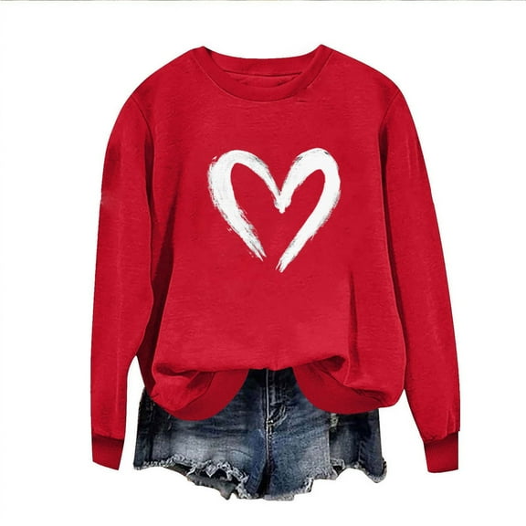 Pxxlle Valentine's Sweatshirts Women Love Heart Graphic Sweatshirt Long Sleeve Pullover Tops Crew Neck Holiday Shirts Red L