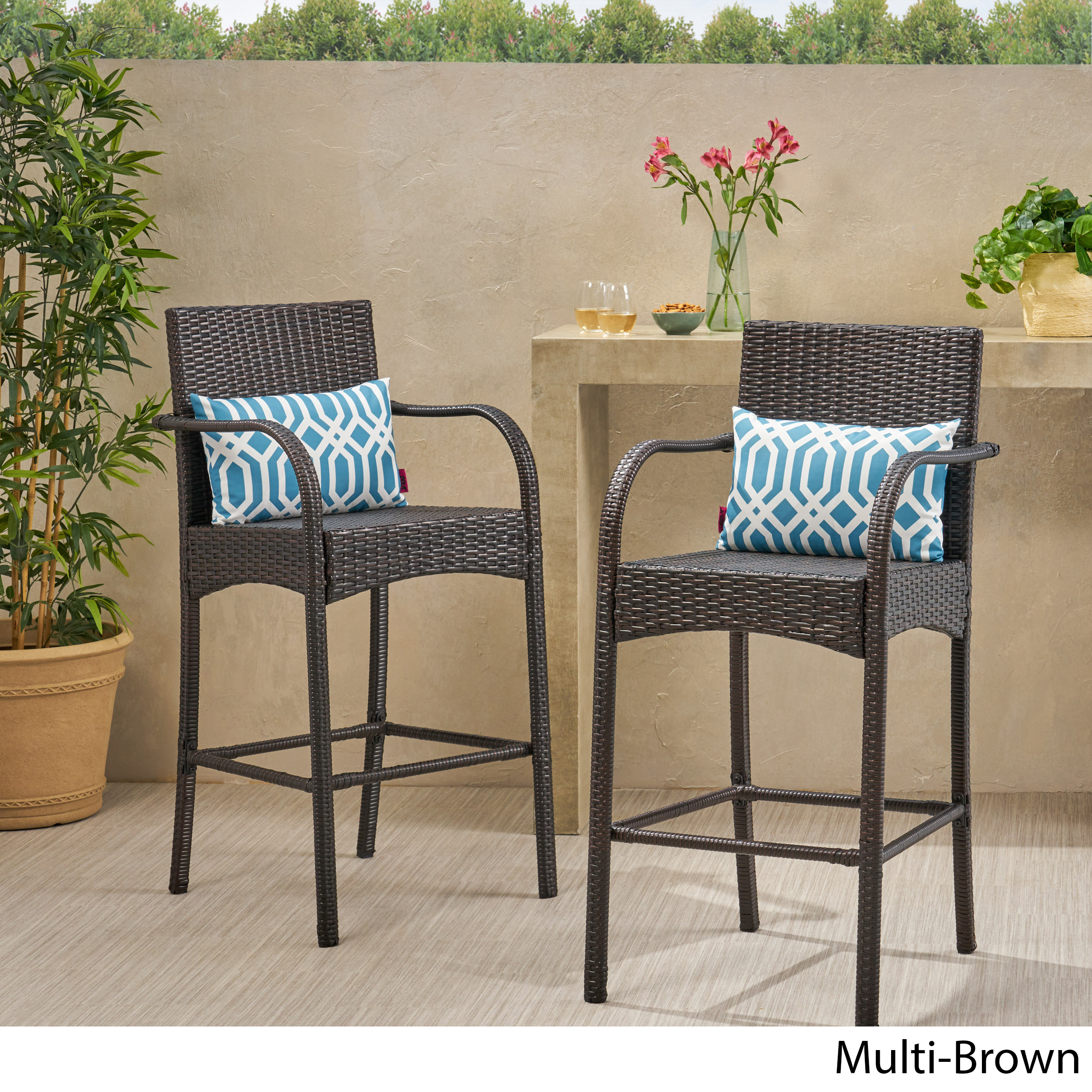 Makalah Outdoor Wicker Barstool Chair Set Of 2 Multi Brown Walmart Com Walmart Com