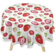 SKYSONIC Watercolor Strawberry Round Tablecloth 60inch Indoor Wrinkle Free, Red Summer Fruits Circular Lace Table Cover Washable for Kitchen Party BBQ Dining Decor