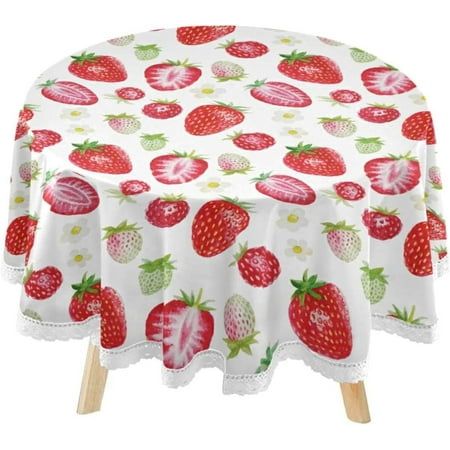 SKYSONIC Watercolor Strawberry Round Tablecloth 60inch Indoor Wrinkle Free, Red Summer Fruits Circular Lace Table Cover Washable for Kitchen Party BBQ Dining Decor