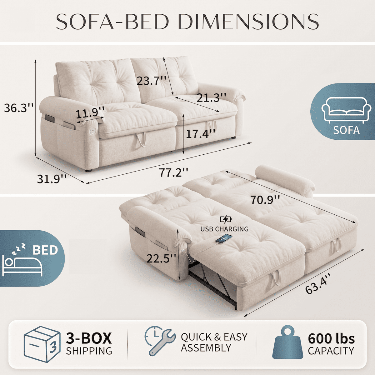 Xiweot Convertible Sleeper Sofa Bed, 77" Queen Size Pull Out Couch Bed with Adjustable Backrest, USB Ports & Side Pocket, Velvet Loveseat Sleeper for Living Room Small Space (Beige)