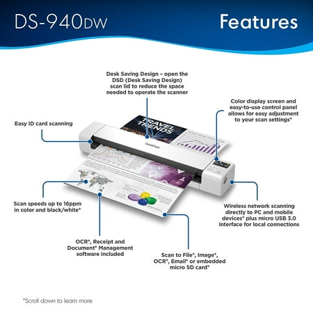 Brother - DS-940DW Compact Wireless Duplex Mobile Document Scanner - White