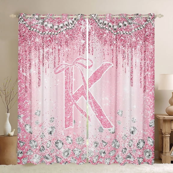 Homewish Initial Letter K Blackout Curtains Set of 2 (52x84 Each),Pink Sequin Print Window Curtains,3D Diamond Curtains and Drapes For Girl,Breathable Bedroom Decoration