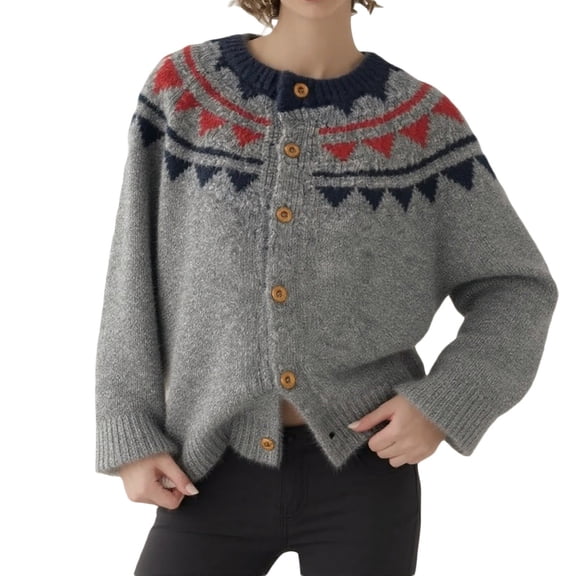 Winter Sweaters for Women Fair Isle Knit Cardigan With Round Neck Ugly Christmas Sweaters