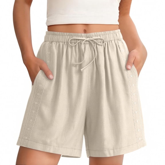 FRSASU Women's Linen Cotton Elastic Waist Drawstring Bermuda Shorts Hollowed Lace Summer Beach Shorts with Pockets Beige