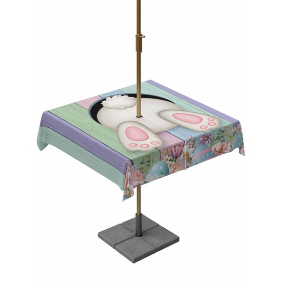 Outdoor Tablecloth with Umbrella Hole and Zipper, Easter Bunny Square Table Cloth 60x60 Inch Waterproof Tablecloth, Eggs Cute Rabbit Floral Colorful Country Wooden Picnic Table Cover for Patio