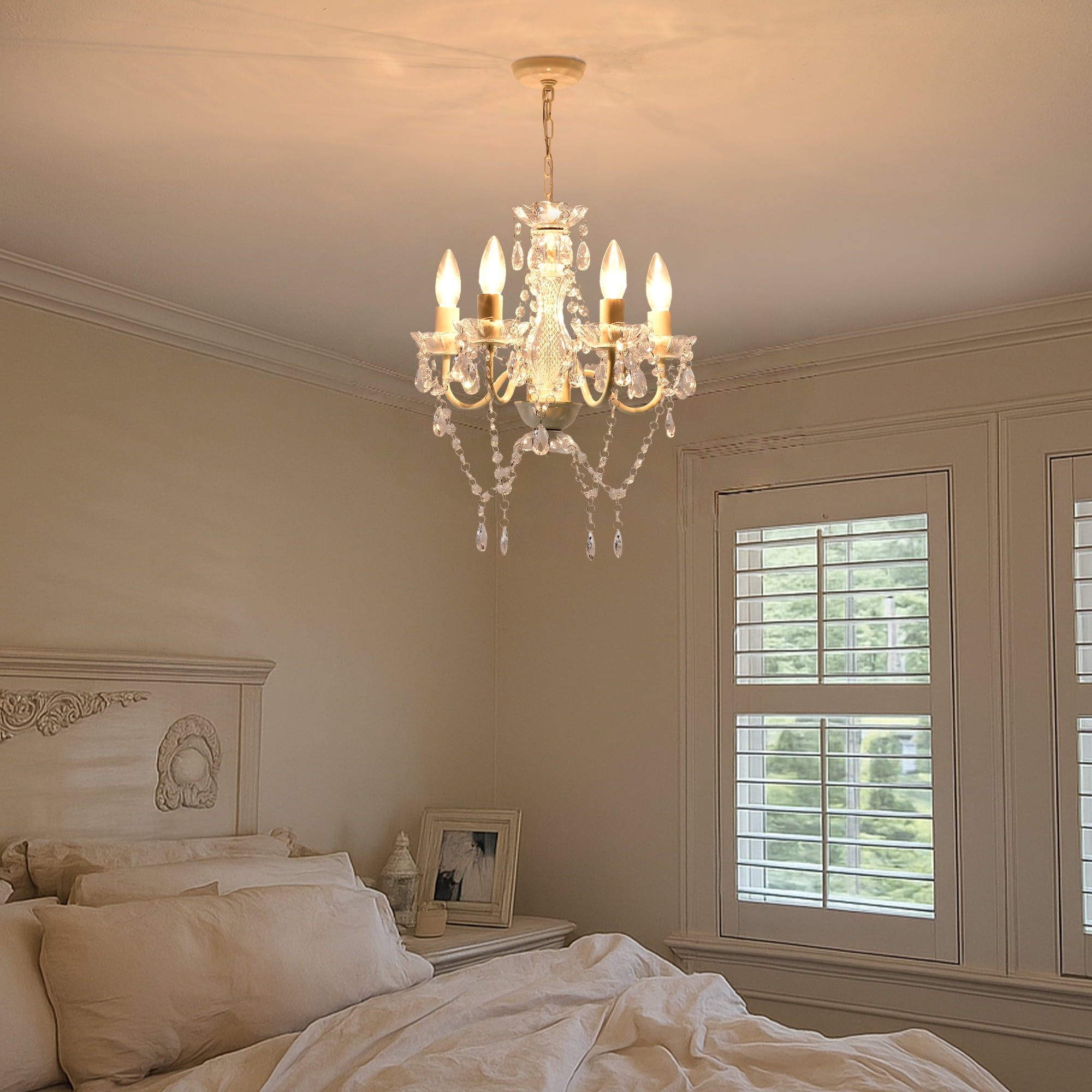 Small Crystal Chandelier Ceiling Lights White Fixture 4-Light For Dining Room Bedroom
