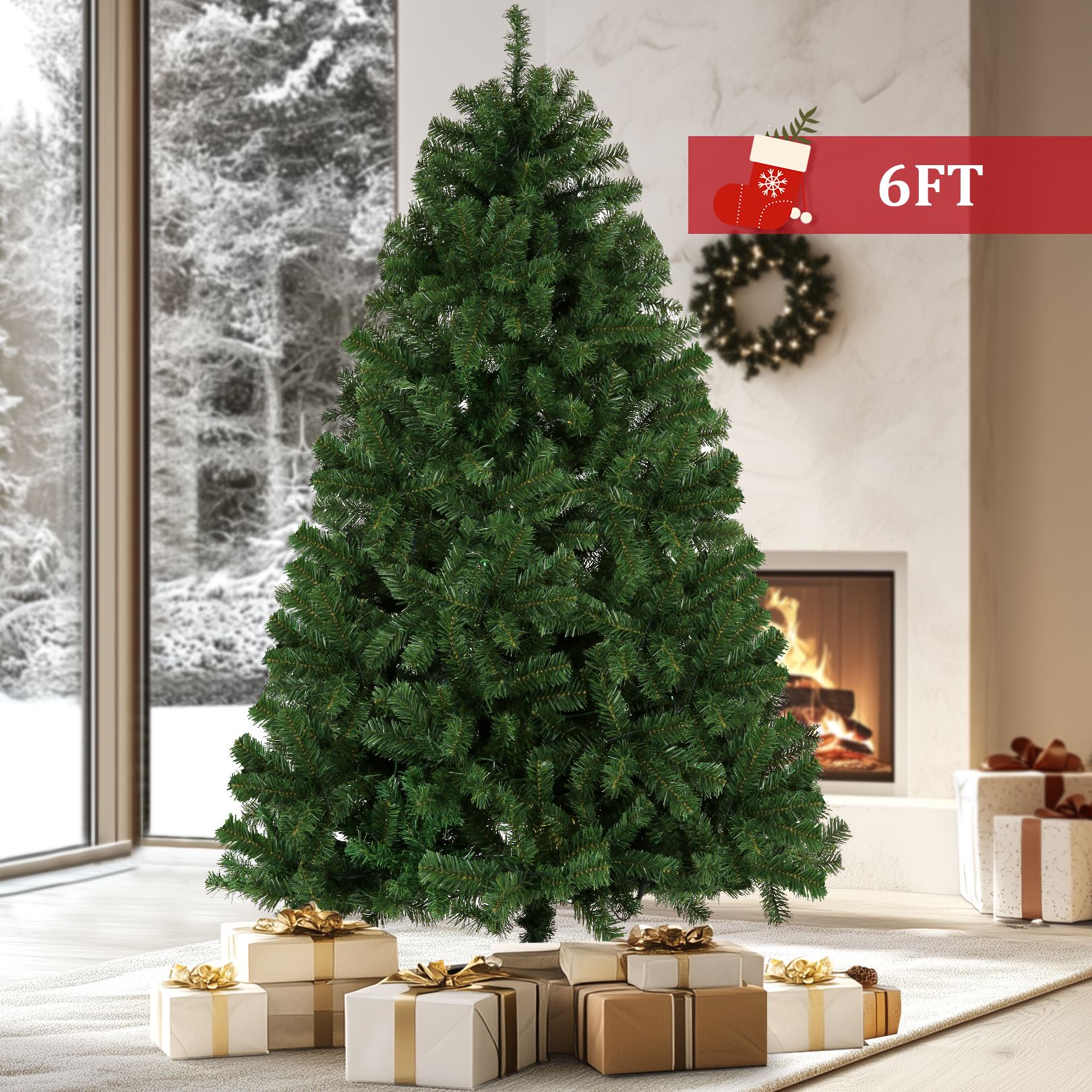 Funcid 6ft Premium Hinged Artificial Christmas Tree Full Tree with 1477 PVC Branch Tips, Foldable Metal Stand, Green