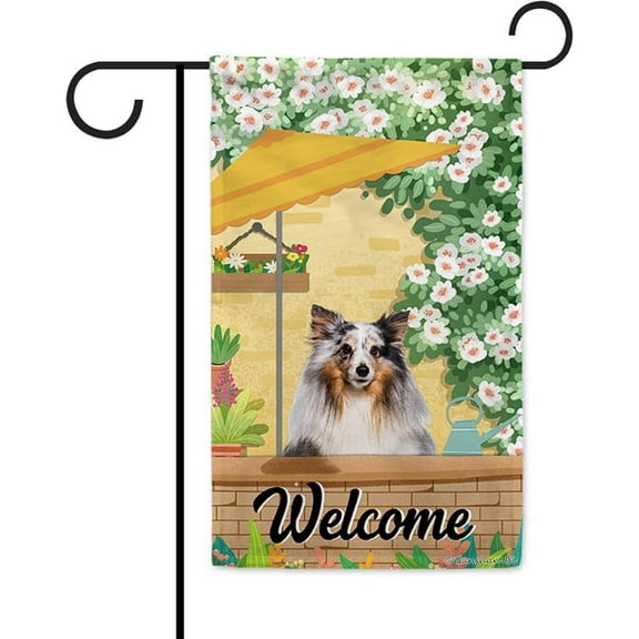 Welcome Summer Dog Garden Flag Lovely Sheltie Play in the Yard Floral Plants Sunshade Spring Decor Home Banner for Outside 12.5x18 Inch Double Side