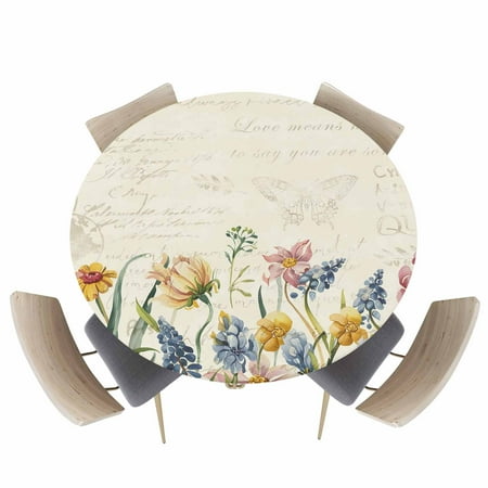 Round Fitted Tablecloth Country Flower Watercolor Wildflower Circle Table Cover Waterproof Table Cloth with Elastic Edge Vintage Stamps Letter Outdoor Tablecloths for Kitchen Picnic 45-54in