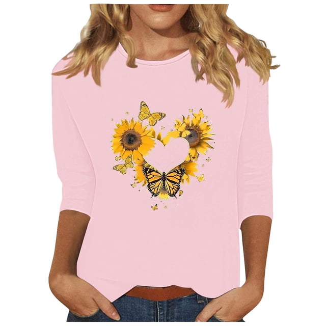 Tnhcen Chemises à Manches 3/4 pour Femmes avec Imprimé Floral d'Automne et Col Rond - Basiques Décontractés Grande Taille P-3TG