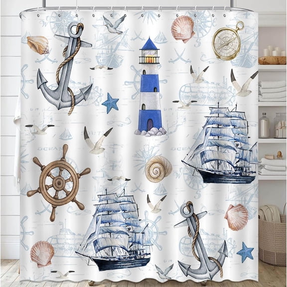 Nautical Shower Curtain Lighthouse Shower Curtain Set Sailboat Anchor Bathroom Curtain Navy Blue Fabric Shower Curtain with 12 Hooks 72x72 Inches