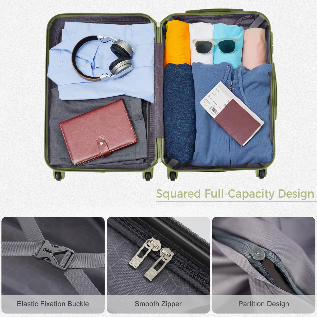 3 Piece ABS Hardshell Luggage Set Lightweight Spinner Wheels TSA Lock Light Green