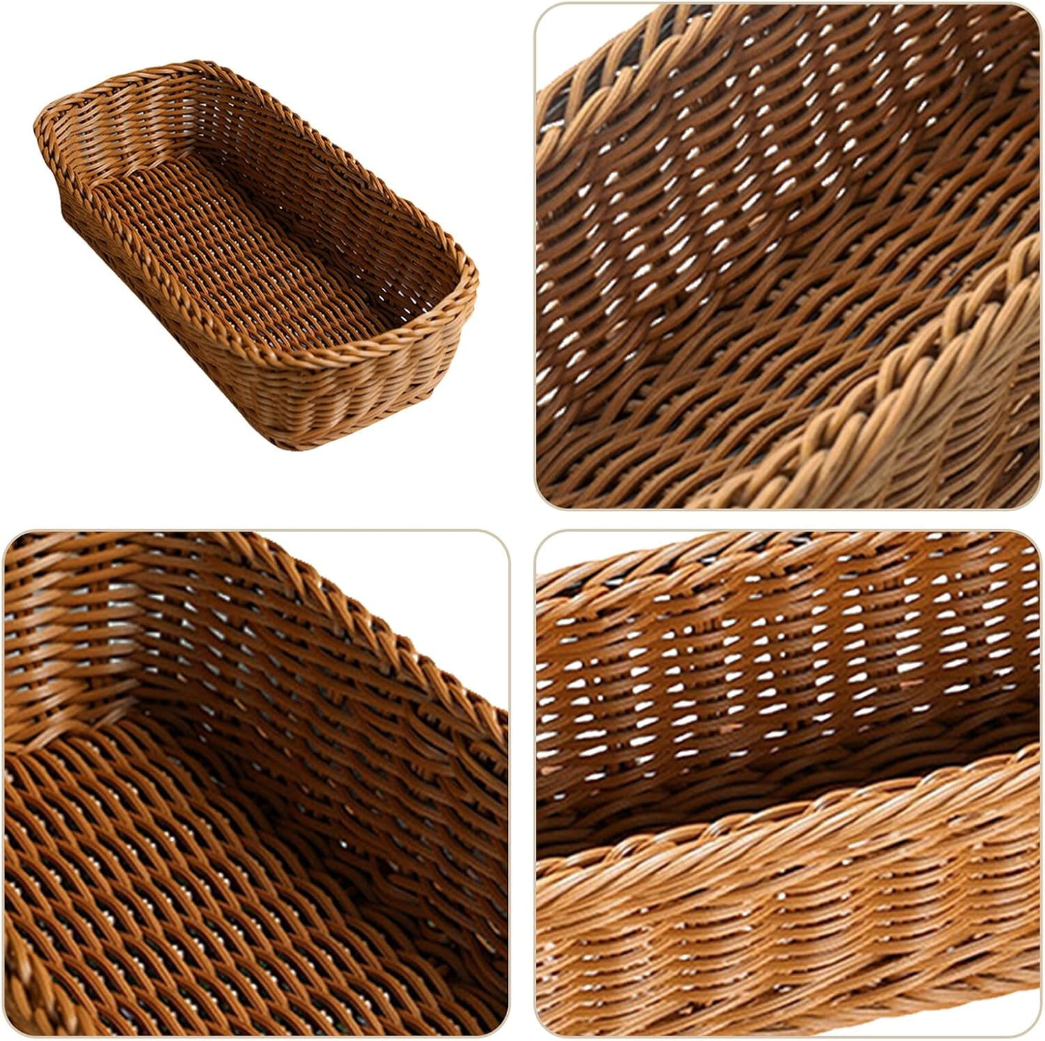 ABCISI 2pcs Wicker Cutlery Basket, Rectangular Woven Baskets Bins, Rattan Woven Utensils Holder, Cutlery Organizer Holder for Countertop, Chopsticks Storage Bucket Bread Tray Serving Tray for Kitchen