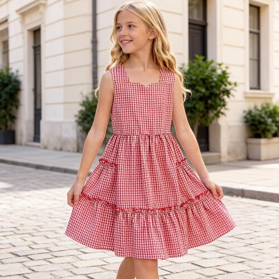 Eltusu Girls Summer Dresses, Knee Length Sleeveless Crew Neck Plaid Casual Dresses Red Size 6T