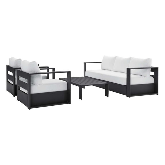 Lounge Sectional Sofa Chair Table Set, White, Aluminum, Metal, Fabric, Modern Contemporary, Outdoor Patio Balcony Cafe Bistro Garden Furniture Hotel Hospitality
