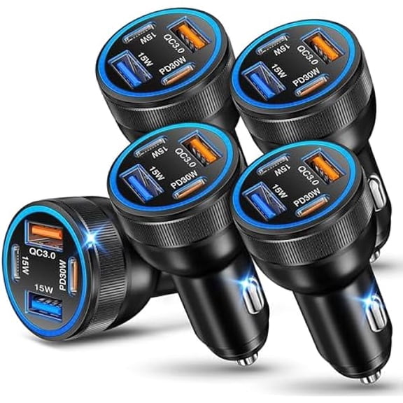 Quyaojz 5-Pack USB C Car Charger, 4 Ports 65W Fast Charging Type C Car Charger with USB-C & USB-A, PD 3.0/QC 3.0 Cigarette Lighter Adapter for iPhone 17/16/15/14/13, Galaxy S25/S24 Ultra