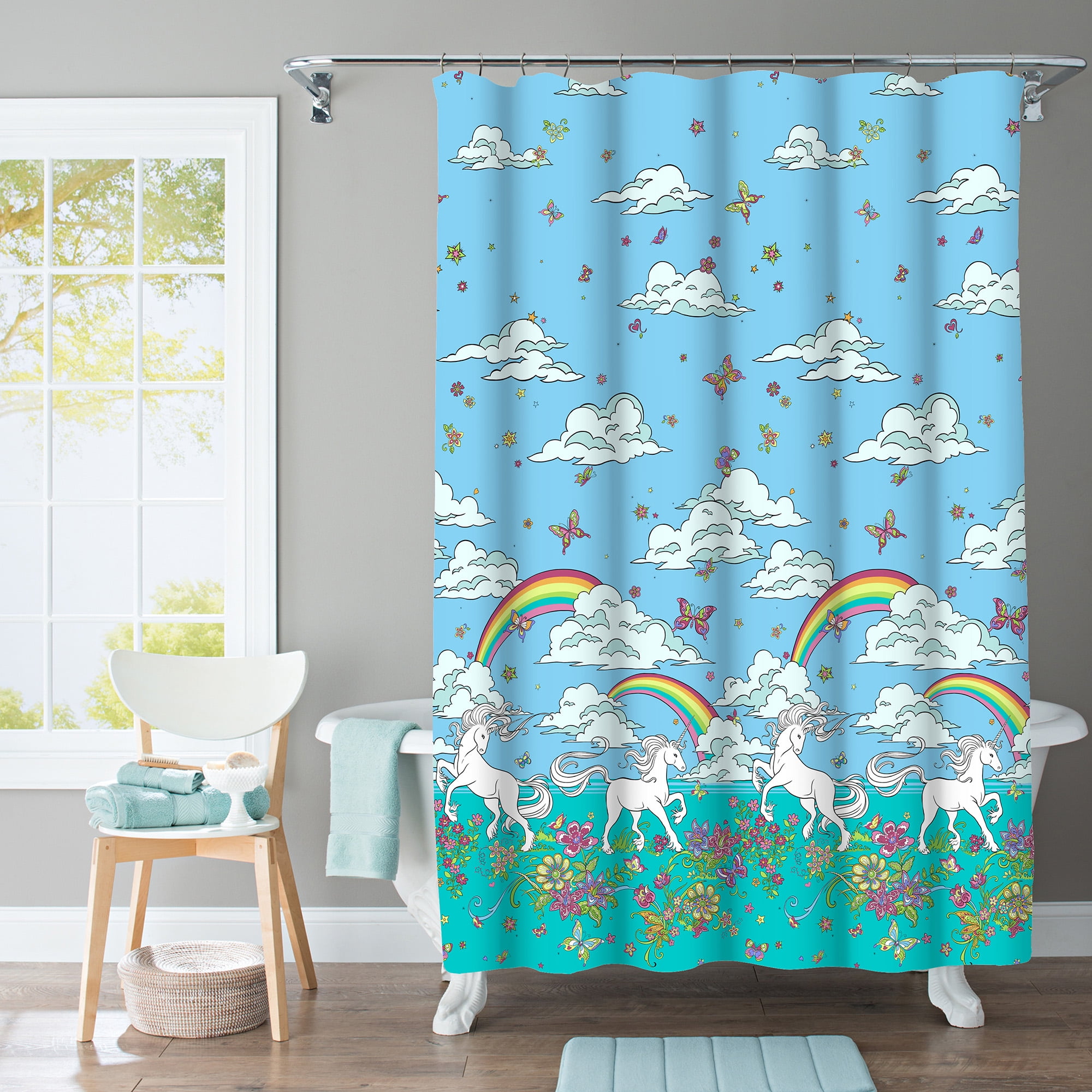 Kidz Mix Blue Unicorn Graphic Prints Polyester Shower Curtain, 72' x 72'