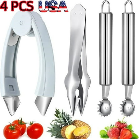 4-Piece Strawberry Huller & Tomato Corer Set - Stem Remover Tool for Strawberry, Potato, Pineapple